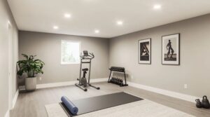Ett modernt och minimalistiskt hemmagym med träningsmaskin, hantlar och yogamatta.