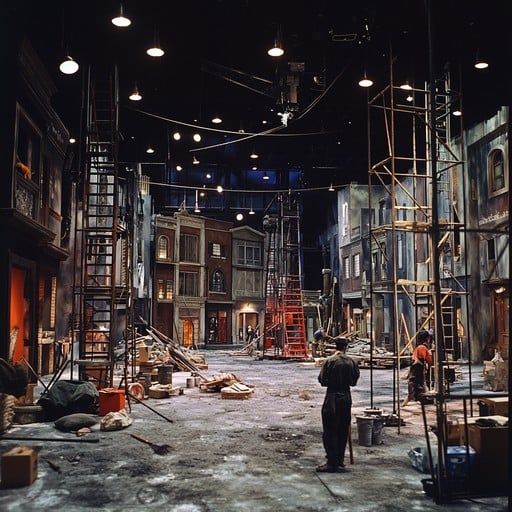 En stor filmstudio med pågående scenbygge och ställningar.